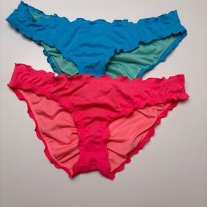 Victoria’s Secret Ruffle Bikini Bottom Bundle (2), Blue & Pink, Size Medium